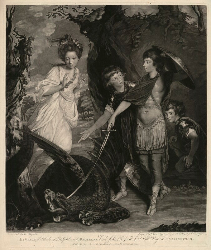 The duke of bedford with his brothers and miss vernon (henrietta greville (née vernon), countess of warwick; john russell, 6th duke of bedford; francis russell, 5th duke of bedford; lord william russell) npg d31620