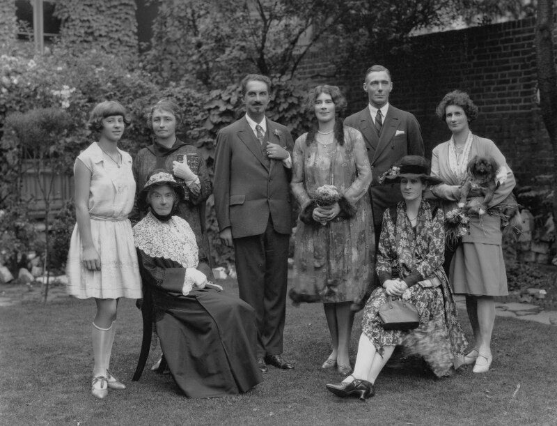 Caleb williams saleeby and muriel gordon saleeby (née billinge) with guests at their wedding, including marie frances lisette verney (née hanbury), lady willoughby de broke npg x184814