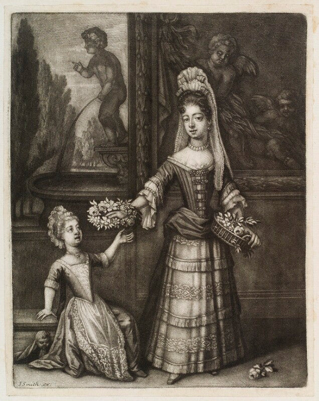 A young woman and a child with flowers ('two misses with flowers') npg d11848