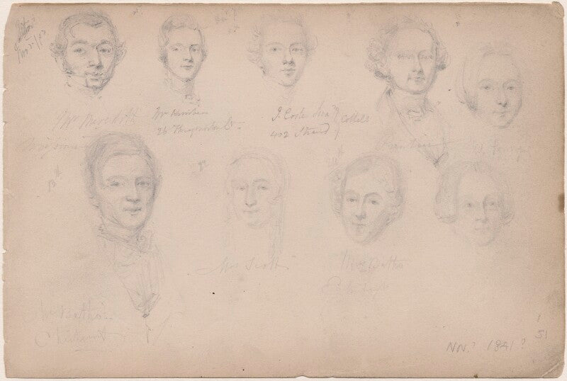 Mr meredith; possibly j. coste; mrs perry; mr baltho; mrs scott; mrs baltho and three unknown sitters npg d23313(71)