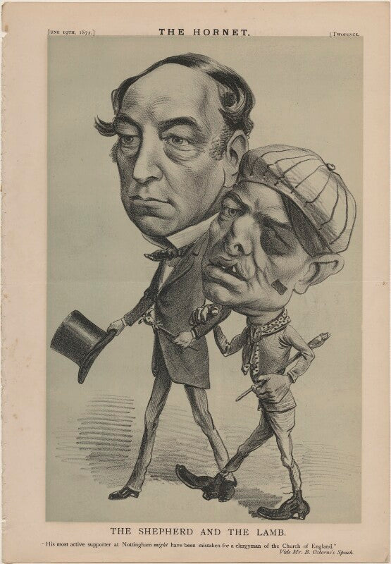 'the shepherd and the lamb. "his most active supporter at nottingham might have been mistaken for a clergyman at the church of england." vide mr. b. osborne's speech.' (ralph bernal osborne; unknown man) npg d48293