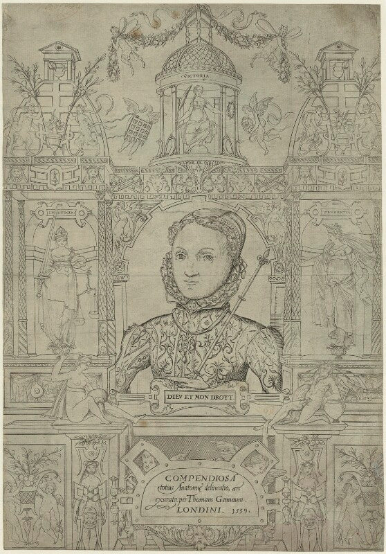 Queen elizabeth i (frontispage to compendiosa totius anatomie delineatio, ære exarata / per thomam geminum) npg d25026