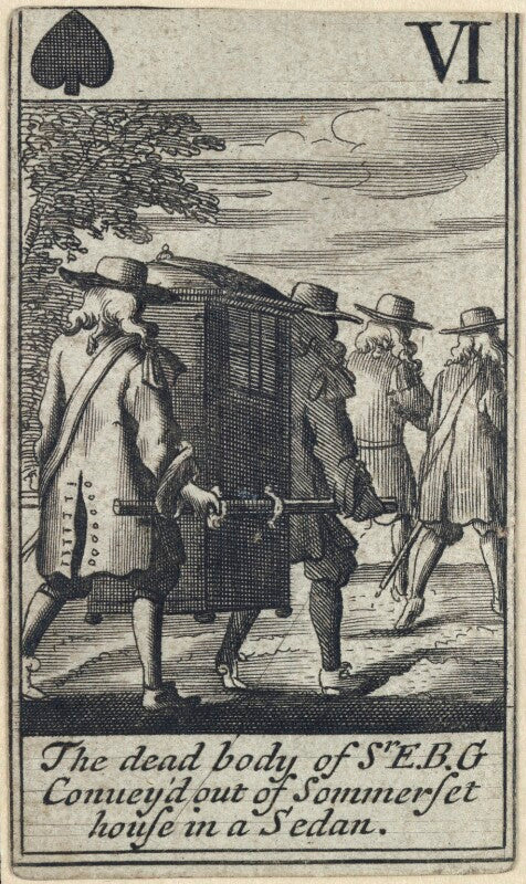 'the dead body of sr e.b.g convey'd out of sommerset house in a sedan' (robert green; henry berry; lawrence hill) npg d23014(h)