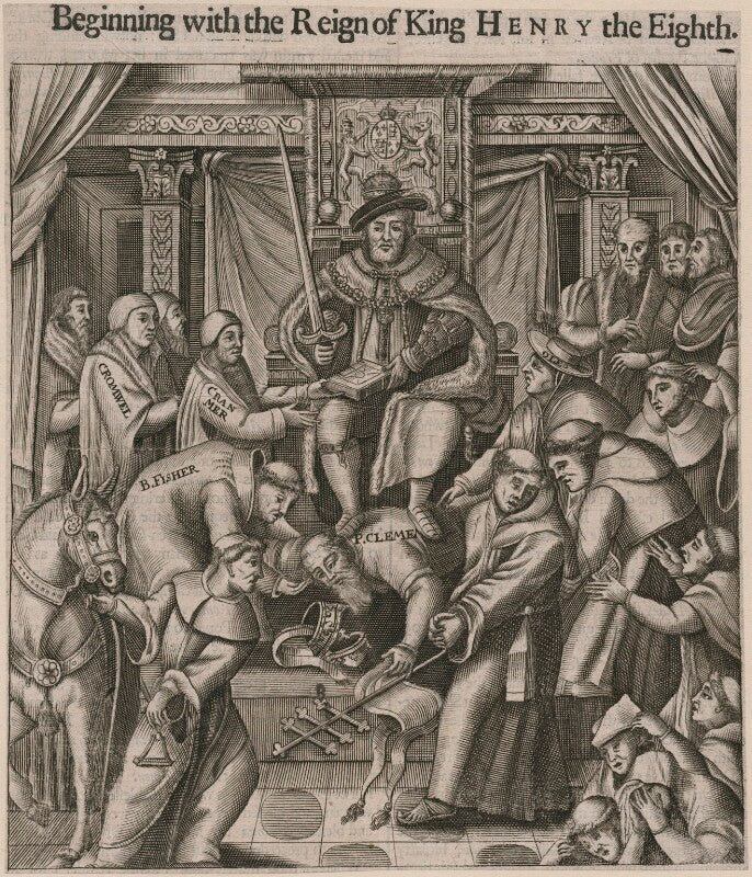 'reign of king henry viii' (thomas cromwell, earl of essex, thomas cranmer, john fisher, pope clement vii (giulio de' medici), king henry viii, reginald pole) npg d9467