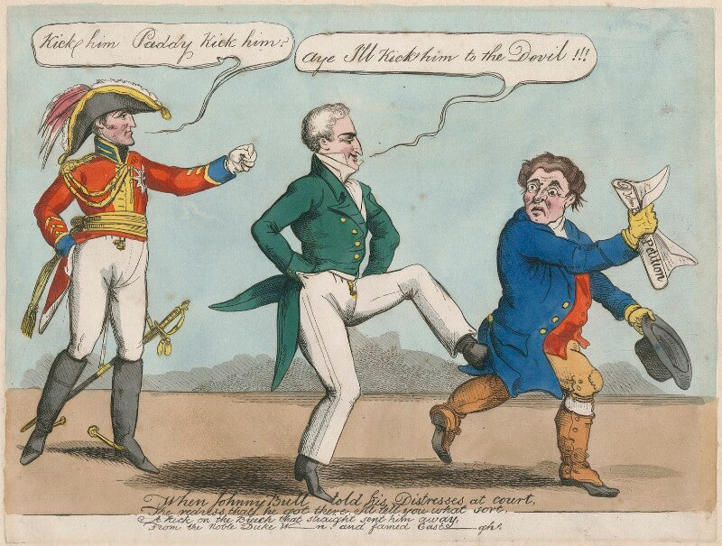 'when johnny bull told his distresses at court' (arthur wellesley, 1st duke of wellington; robert stewart, 2nd marquess of londonderry (lord castlereagh); john bull) npg d48668