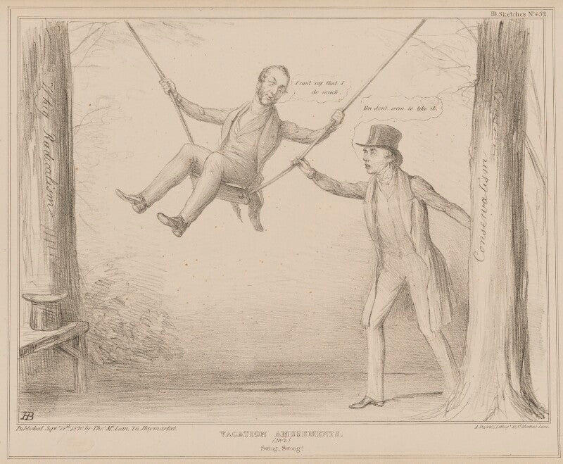 Vacation amusements. (no.2.) swing, swong! (charles wood, 1st viscount halifax; henry george grey, 3rd earl grey) npg d41586