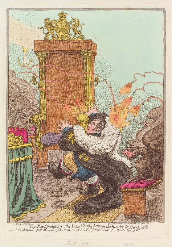 'the new speaker, (i.e.: the law chick,) between the hawks & buzzards' (michael angelo taylor; richard brinsley sheridan) npg d12725