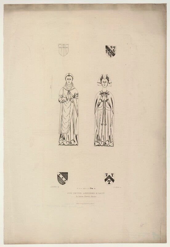 Sir peter arderne; lady arderne (as kneeling figures in window of latton church, essex) npg d7089