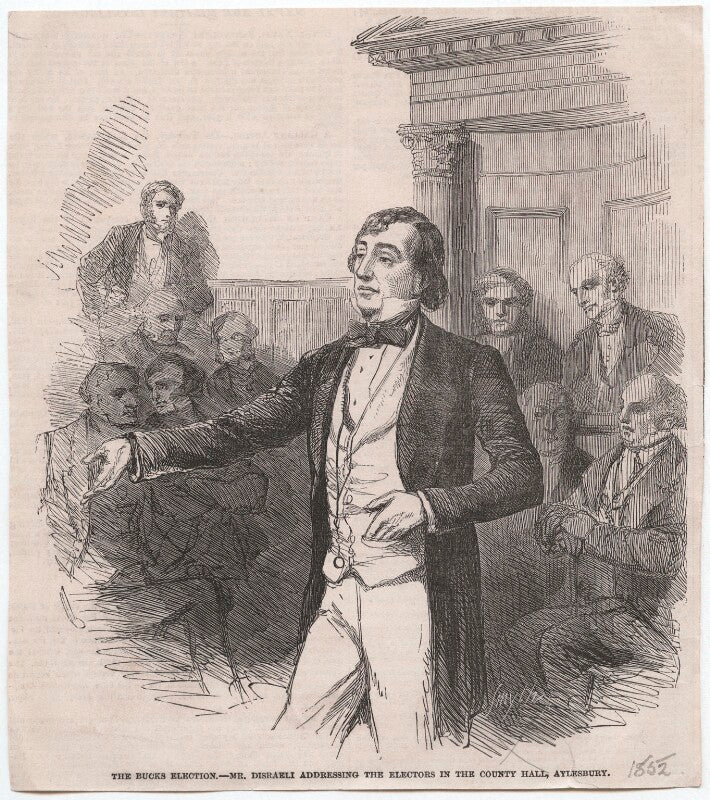 'the bucks election mr disraeli addressing the electors in the county hall, aylesbury' npg d45902
