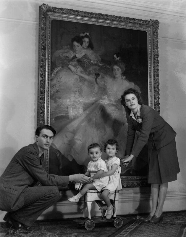 Sir anthony john charles meyer, 3rd bt; (anthony) ashley meyer, 4th bt; carolyn clare barbadee sands (née meyer); barbadee violet (née knight), lady meyer npg x73125