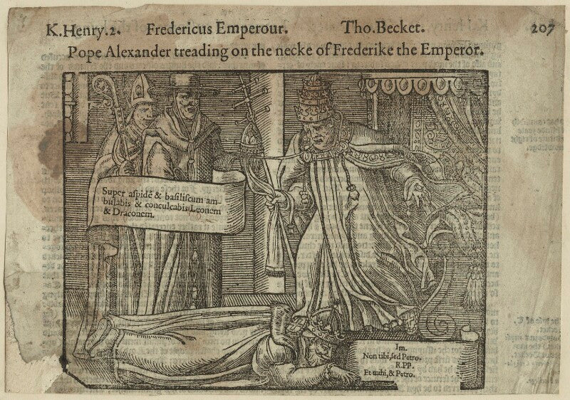 'pope alexander treading on the necke of fredericke the emperor.' (thomas becket; king henry ii; frederick i ('barbarossa'), holy roman emperor; pope alexander iii (rolando bandinelli)) npg d23971
