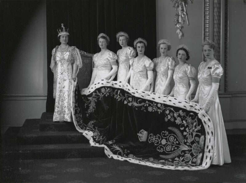 Queen elizabeth, the queen mother at the coronation with her six maids of honour npg x32322
