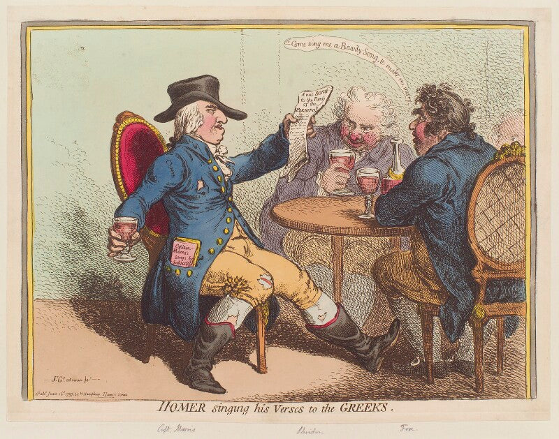 'homer singing his verses to the greeks' (charles morris; richard brinsley sheridan; charles james fox) npg d12619