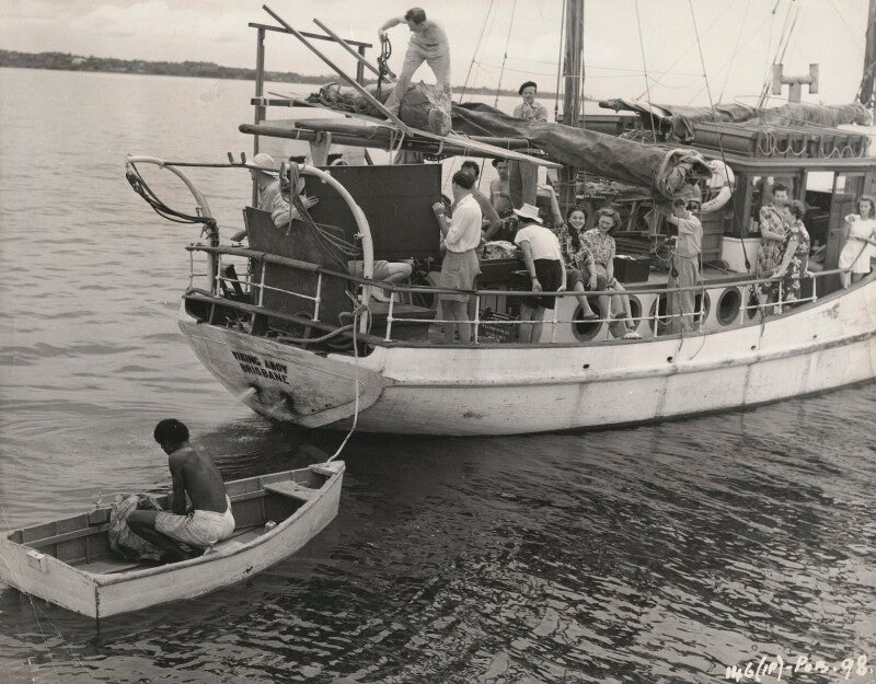Jean simmons waving from the deck of the 'viking ahoy' during filming of 'the blue lagoon' npg x198392