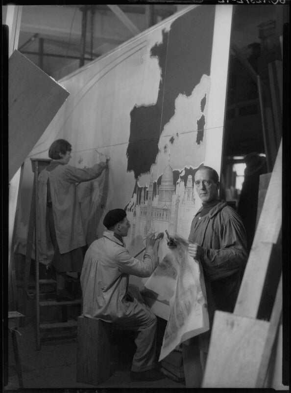 Macdonald gill with two assistants working on 'decorative map of the atlantic' for rms queen mary npg x14552