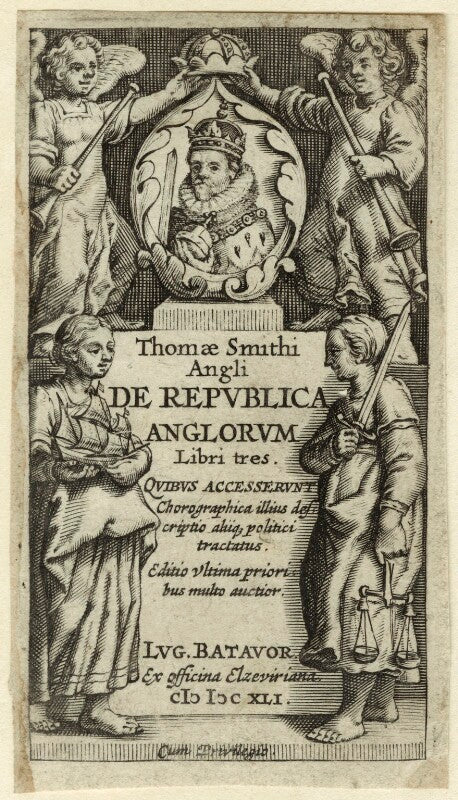 King james i of england and vi of scotland in the title page to thomas smith's 'de republica anglorum' npg d25697