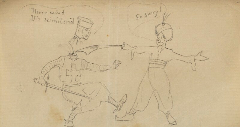 Comic sketch; 'never mind, it's scimiterial' (two unknown sitters) npg d43260