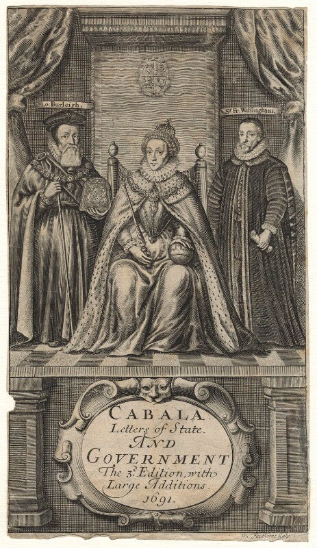 Queen elizabeth i; william cecil, 1st baron burghley; sir francis walsingham npg d21065