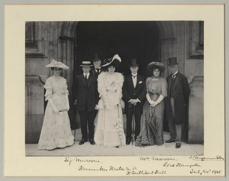 Group photo at houses of parliament including guglielmo marconi, sir john henniker heaton, henry cuthbert hall, hon. beatrice marconi and 2nd viscount hampden npg x75720