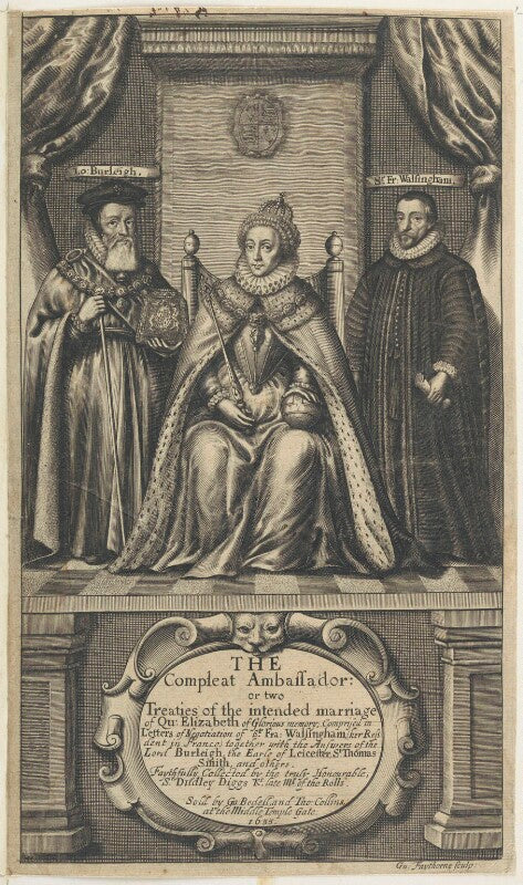 Queen elizabeth i; william cecil, 1st baron burghley; sir francis walsingham npg d22722