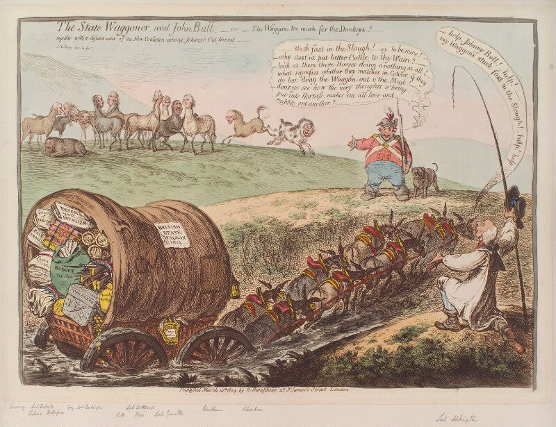 'the state waggoner, and john bull or the waggon too much for the donkeys!' npg d12829