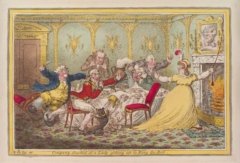 'company shocked at a lady getting up to ring the bell' npg d12834