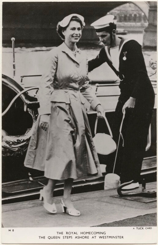 'the royal homecoming, the queen steps ashore at westminster' (queen elizabeth ii and an unknown naval officer) npg x193051