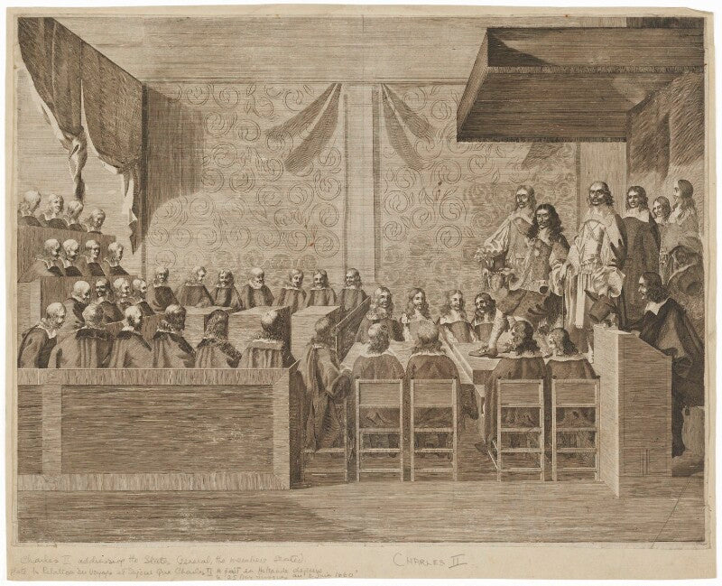 Charles ii addressing the states general, the members seated (king charles ii) npg d32322