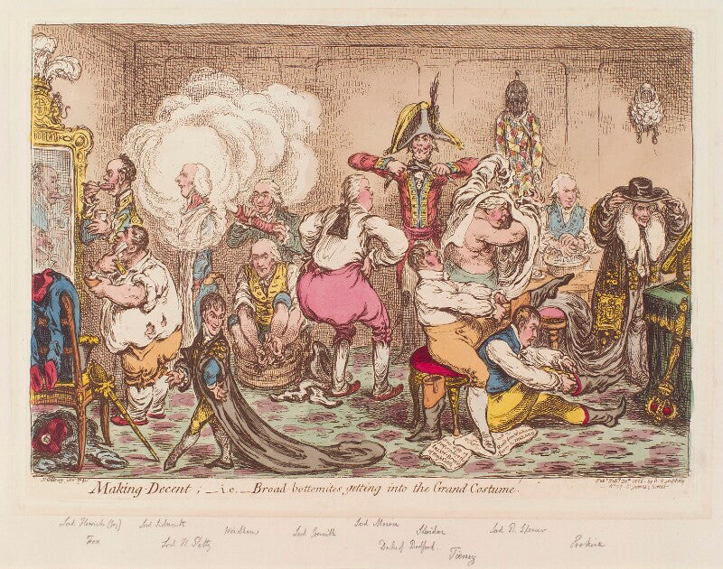 'making decent; i.e. broad bottomites getting into the grand costume' npg d12860