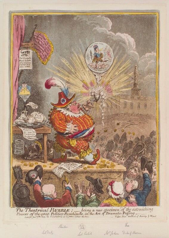 'the theatrical bubble; being a new specimen of the astonishing powers of the great politico punchinello, in the art of dramatic puffing' npg d12839