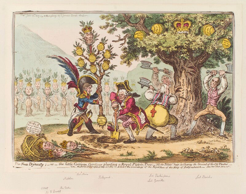 'the new dynasty: or the little corsican gardiner planting a royal pippin tree. "all the talents", busy, in clearing the ground of old timber' npg d12894