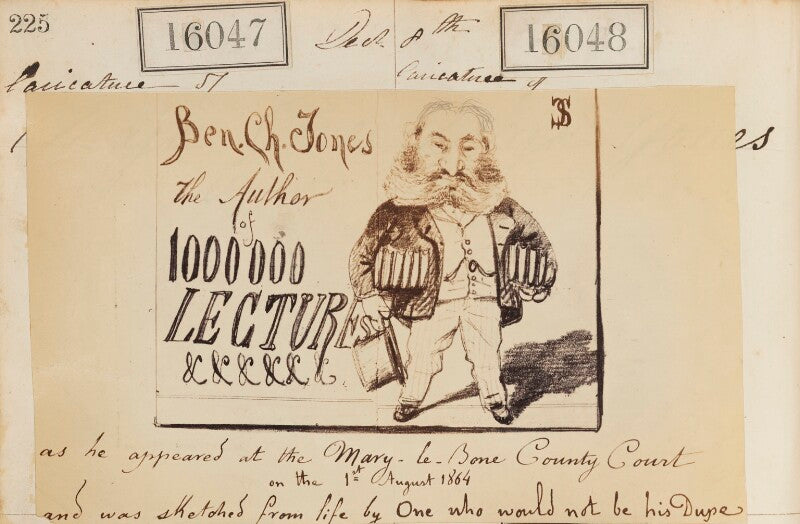 Benjamin charles jones ('ben ch jones the author of 1000000 lectures as he appeared at the mary le bone county court on the 1st august 1864 and was sketched from life by one who would not be his dupe') npg ax63973