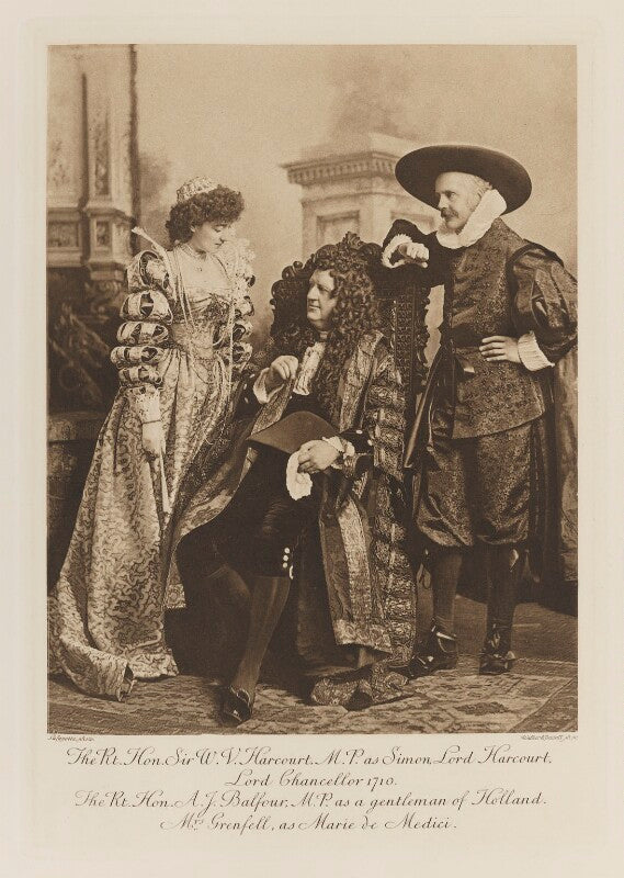Ethel anne priscilla ('ettie') grenfell (née fane), lady desborough as marie de medici; sir william vernon harcourt as simon, lord harcourt, lord chancellor 1710; arthur james balfour, 1st earl of balfour as a gentleman of holland npg ax41284