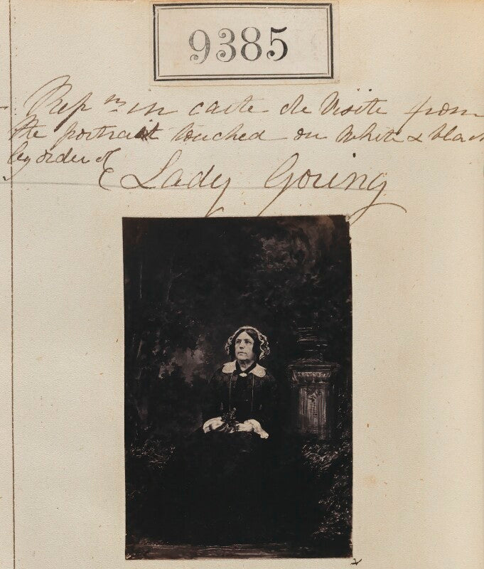 'reproduction in carte de visite from the portrait touched on white & black by order of lady goring' npg ax59191