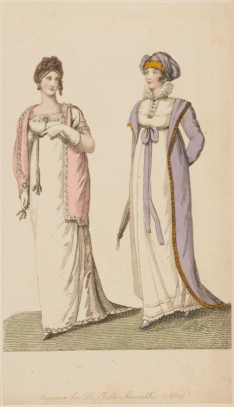 ‘walking dresses in april 1807’ (evening or ball dress and walking or carriage costume) npg d47509