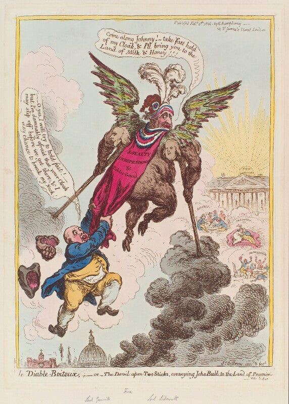 'le diable boiteux, or the devil upon two sticks, conveying john bull to the land of promise' npg d12858