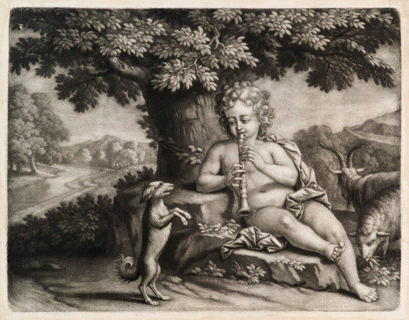 Child playing horn to a dancing dog npg d11775