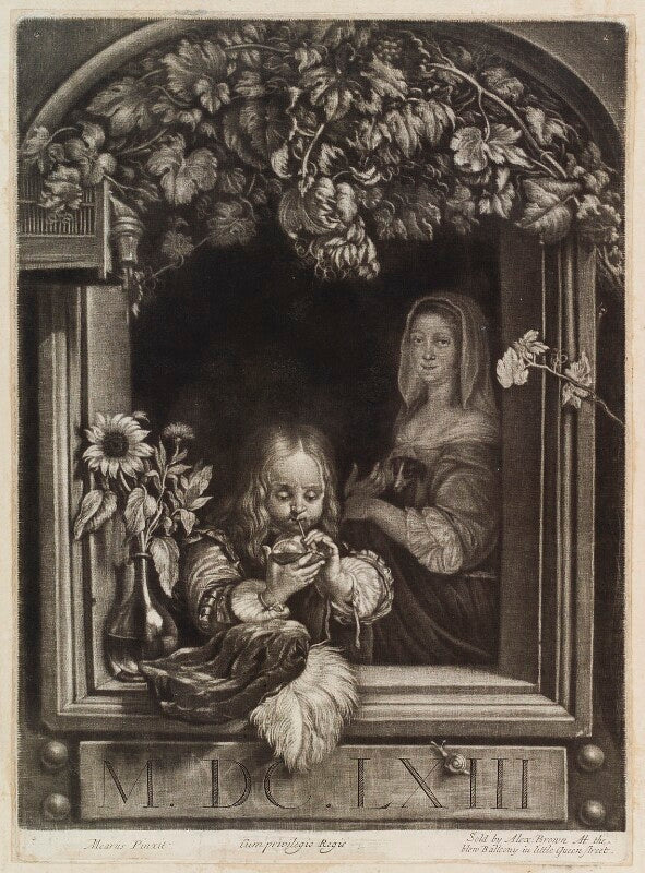 A boy blowing bubbles out of a window npg d11903