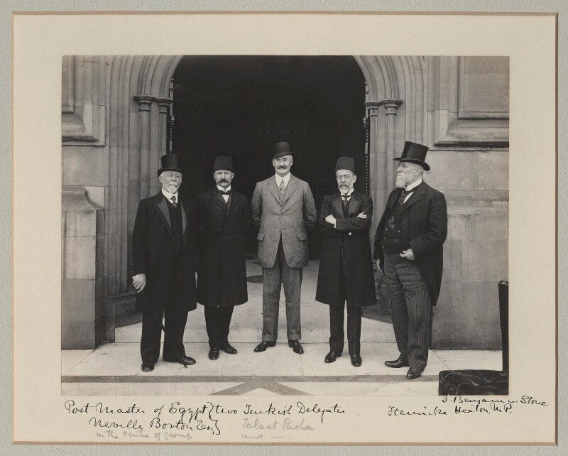 Mehmed talat pasha, neville travers borton and sir john henniker heaton, 1st bt with two other turkish delegates npg x135594
