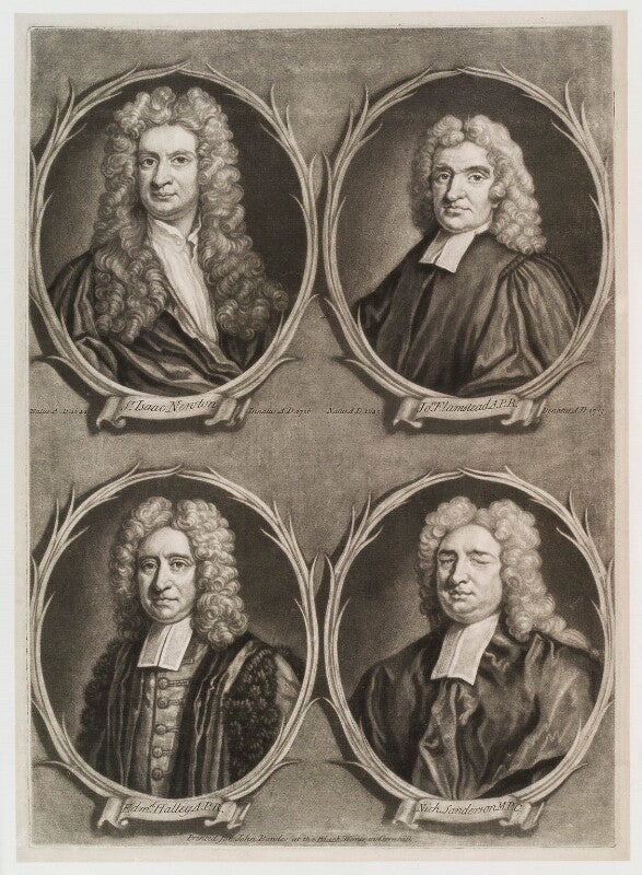'worthies of britain' (sir isaac newton; edmond halley; nicholas saunderson; john flamsteed) npg d20158