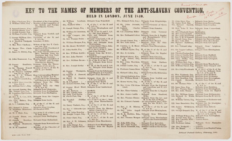 Key to the anti slavery society convention, 1840 npg d20518