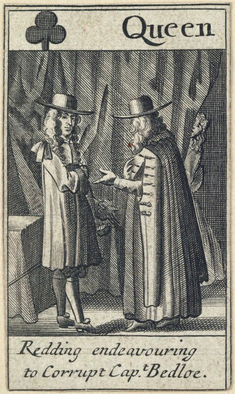 'redding endeavouring to corrupt capt. bedloe' (mr reddin (redding); william bedloe) npg d23013(b)