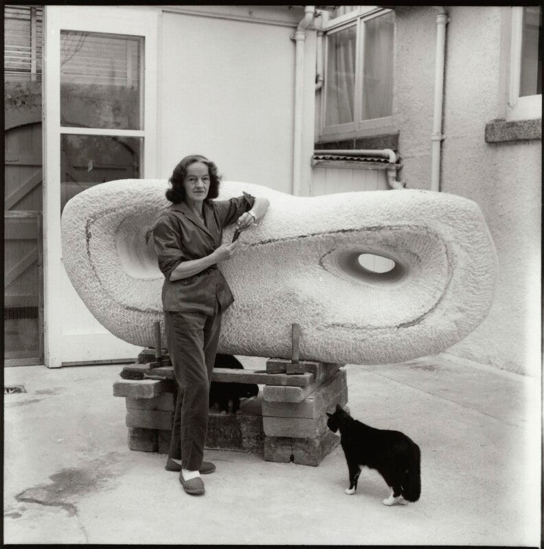 Barbara hepworth with her cat nicholas and her sculpture 'reclining form (rosewall)' npg x31619