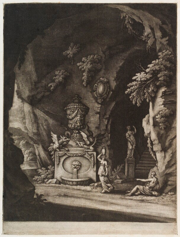 Cave with a fountain and two classical figures npg d11789