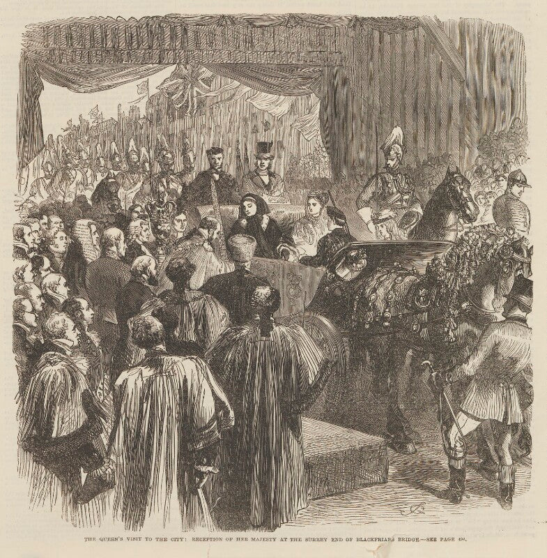 'the queen's visit to the city: reception of her majesty at the surrey end of blackfriars bridge' (including queen victoria; prince leopold, duke of albany; princess beatrice of battenberg; and john brown) npg d48330