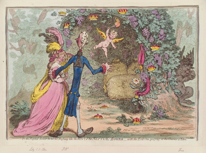 'the nuptial bower; with the evil one, peeping at the charms of eden' (eleanor eden; william pitt; charles james fox) npg d12597