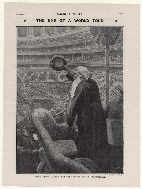William booth ('the end of a world tour: general booth arrives inside the albert hall in his motor car') npg d43013