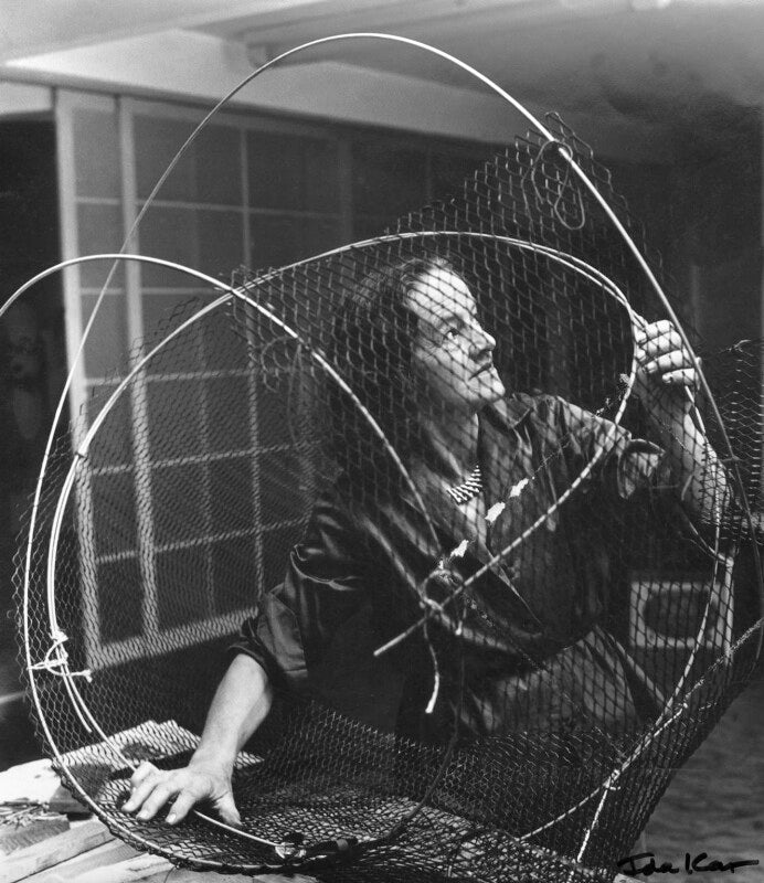 Barbara hepworth at work on the armature of a sculpture npg x88517