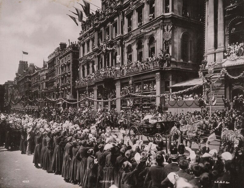 Queen victoria's diamond jubilee procession in cheapside the royal carriage passing the gresham insurance co's offices and christ's hospital boys cheering the queen npg p1700(27)