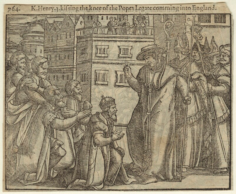 'king henry iii kissing the knee of the popes legate coming into england' npg d33887
